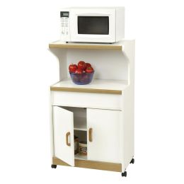 Kitchen Utility Microwave Cart in White & Medium Oak with Lower Storage