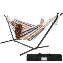 Portable Cotton Hammock in Desert Stripe with Metal Stand and Carry Case