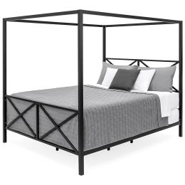 Queen size Modern Industrial Style Canopy Bed Frame in Black Metal Finish