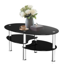 Modern Black Tempered Glass Coffee Table with Bottom Shelf