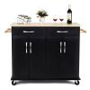 Black Kitchen Island Storage Cabinet Cart with Wood Top and Wheels