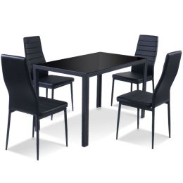 5 Piece Black Glass Tabletop Dining Set With Soft Leather Chairs