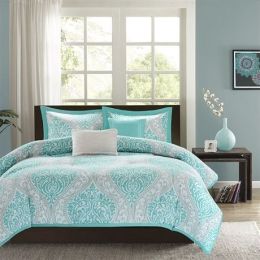 Full / Queen Teal Turquoise Aqua Blue and White Damask Comforter Set
