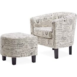 Modern Accent Chair & Ottoman with Off-White French Cursive Pattern Upholstery