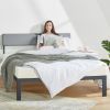 Queen Size Grey Soft Fabric Metal Headboard Platform Bed Wooden Slats