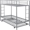 Twin size Silver Metal Bunk Bed with Roll-Out Trundle Bed Frame