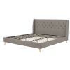King Grey Linen Upholstered Wing-Back Platform Bed Mid-Century Style