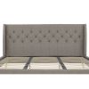 King Grey Linen Upholstered Wing-Back Platform Bed Mid-Century Style