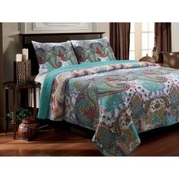 Twin size 3-Piece Cotton Quilt Set in Teal Multi-Color Paisley Pattern