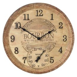 Taylor Precision Products 14-inch Clock With Thermometer (bourbon Barrel) (pack of 1 Ea)