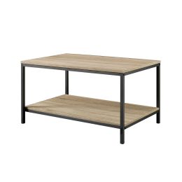 Black Metal Frame Coffee Table with Oak Finish Wood Top and Shelf