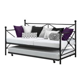 Twin size Black Metal Day Bed Frame and Roll out Trundle Set