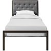 Twin Metal Platform Bed with Gray Fabric Button Tufted Upholstered Headboard