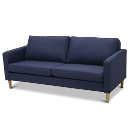 Modern Mid-Century Style Sofa with Wood Legs and Blue Fabric Upholstery
