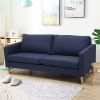 Modern Mid-Century Style Sofa with Wood Legs and Blue Fabric Upholstery